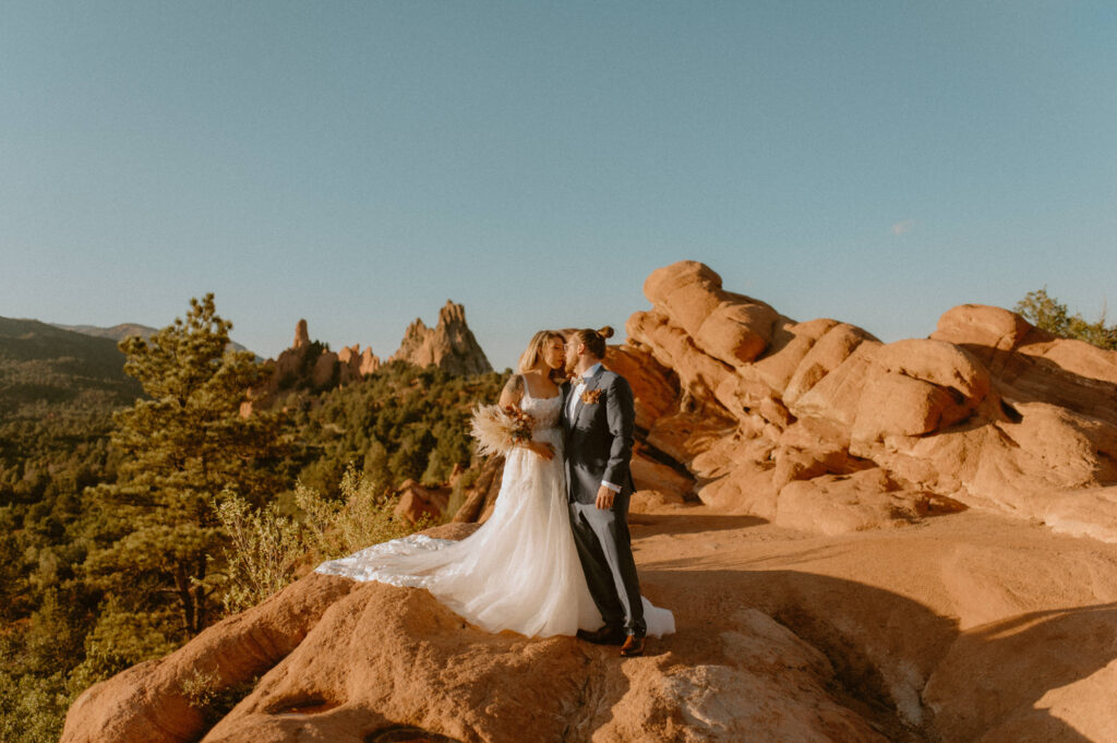 bride and groom intimate elopement at garden of the gods in colorado